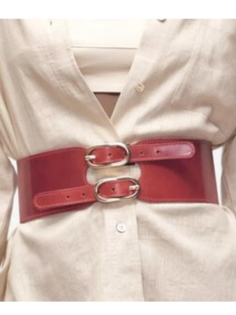 NEW Zara Wide Red Leather Waist Belt with Double Gold Buckles
